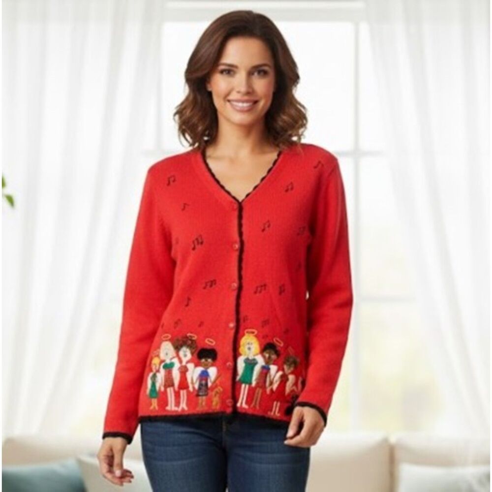 Investments Red Cardigan Musical Children Of The World Sweater Womens Size M